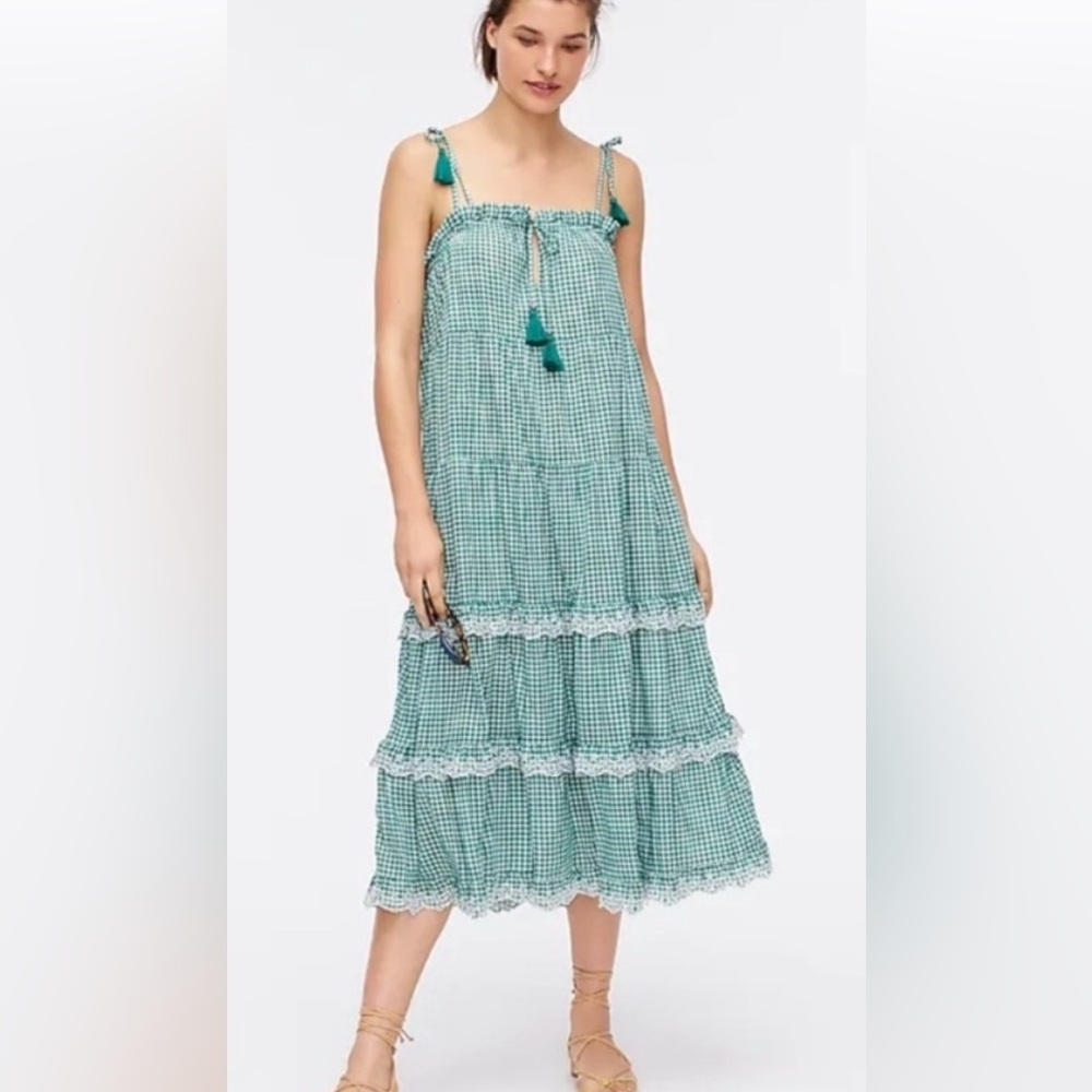 J Crew green gingham tiered midi dress Small
